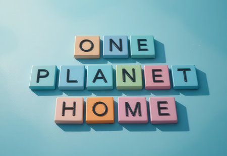 Colorful letter tiles display the inspiring phrase "One Planet Home," emphasizing unity and sustainability. Perfect for creative and environmental themes.の素材