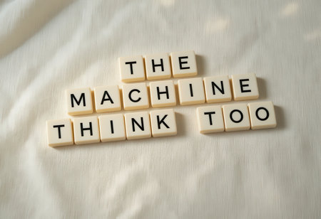 A visually striking composition featuring letter tiles arranged with the phrase "THE MACHINE THINKS TOO," evoking creativity and modern thought. Perfect for artistic and technological themes.の素材