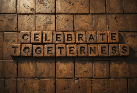 A collection of wooden letters spelling "Celebrate Togetherness" on a rustic wooden background, symbolizing unity and connection in a warm, inviting atmosphere.の素材
