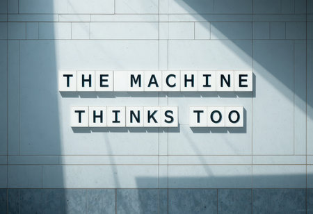 This image features a thoughtful message displayed on a wall, highlighting the intricate relationship between humans and machines in modern society.の素材