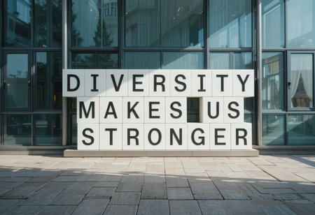 Bold message highlighting the importance of diversity in society, set against a modern building. This image emphasizes unity and strength through inclusion.の素材