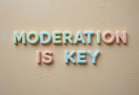Colorful pastel letter blocks arranged to convey the message "Moderation is Key." This playful design emphasizes balance and a healthy lifestyle, ideal for motivational themes.の素材