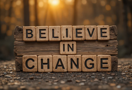 A close-up view of wooden letters forming the words "Believe in Change" against a soft, glowing background. This image symbolizes inspiration and personal growth.の素材