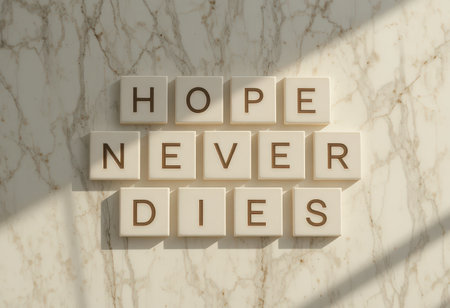 This image showcases an inspirational message "Hope Never Dies" arranged on a marbled background, emphasizing positivity and strength. Perfect for decor or motivational projects.の素材