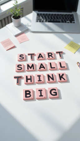 A motivational desk setup featuring scrabble-like letters spelling "START SMALL THINK BIG" alongside a laptop and a plant, ideal for inspiration.の素材