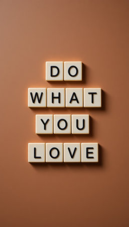 A creative arrangement of text tiles spelling "Do What You Love" on a brown background, symbolizing inspiration and motivation for personal growth and success.の素材