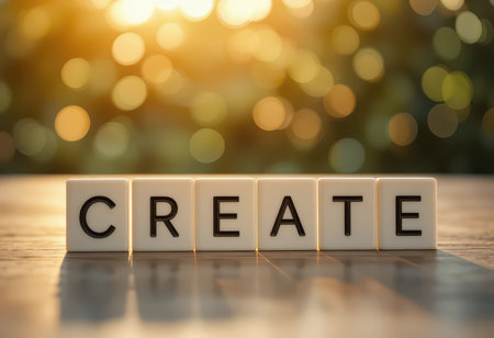 This image showcases the word "CREATE" formed by text blocks against a beautifully blurred background. It evokes feelings of inspiration and motivation for creative endeavors.の素材