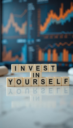 This image showcases a motivational quote "Invest in Yourself" using wooden tiles, set against a backdrop of vibrant financial graphs, emphasizing personal growth and financial wisdom.の素材