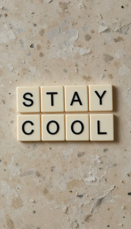 A playful arrangement of letter tiles spelling "STAY COOL" on a light surface. This image conveys a positive message perfect for inspiration and decoration.の素材