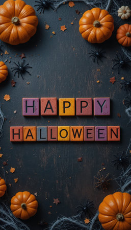 Celebrate Halloween with this colorful arrangement featuring pumpkins, playful spiders, and festive decorations, perfect for holiday greetings and events.の素材