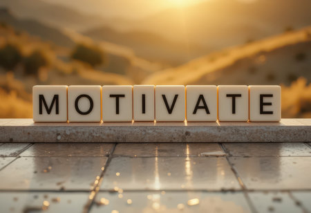 The word 'motivate' stands prominently against a serene nature backdrop, symbolizing inspiration and drive. This image evokes feelings of positivity and ambition.の素材