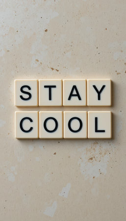 The image features letter tiles arranged to say "STAY COOL" on a light beige background, promoting a positive and calm vibe perfect for home decor or social media.の素材