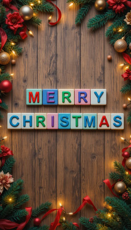 A festive wooden background adorned with greenery, letters spelling "Merry Christmas," and vibrant decorations creating a cheerful holiday atmosphere.の素材