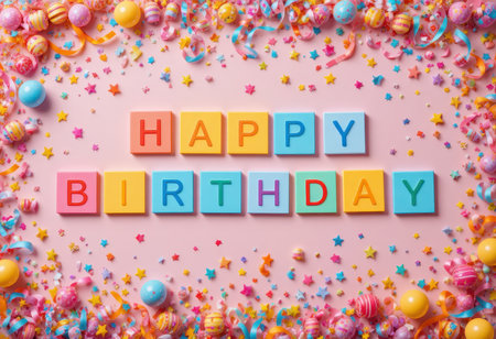 A vibrant birthday celebration scene featuring colorful letters spelling "HAPPY BIRTHDAY," surrounded by festive decorations, candies, and joyful confetti.の素材