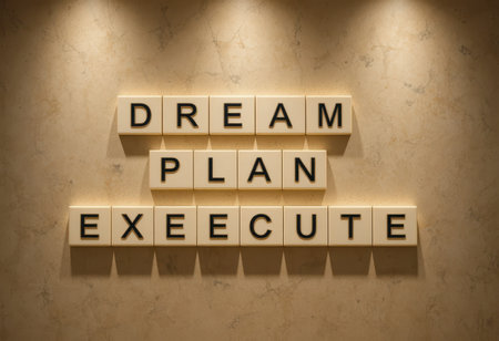 A motivational display showcasing the words "Dream, Plan, Execute" in a modern business environment, emphasizing the importance of strategic thinking and action for success.の素材