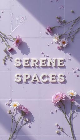 This image showcases serene spaces adorned with delicate flowers on a soft purple background, creating a tranquil and aesthetic setting ideal for decor inspiration.の素材