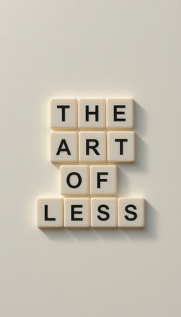 A minimalist composition featuring letter tiles that spell "The Art of Less." This image embodies simplicity and creativity, ideal for design concepts.の素材