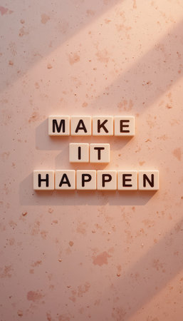 This image features a motivational quote formed with letter tiles on a soft pink background, perfect for inspiring creativity and determination in personal and professional endeavors.の素材