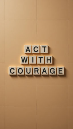 A visually appealing arrangement of letters spelling "Act with Courage" against a soft beige background. This image embodies motivation and positivity, perfect for inspiring personal growth.の素材