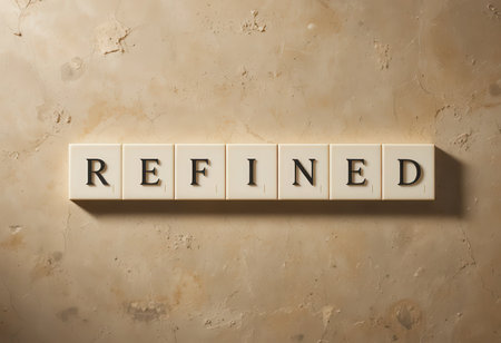 This image showcases the word "refined" artistically arranged in stylish letter tiles on a neutral-toned background, emphasizing elegance and simplicity.の素材