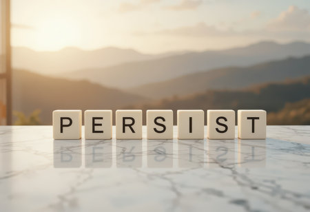 An inspiring scene featuring a motivational message "PERSIST" set against a scenic mountain backdrop. This image symbolizes determination and resilience in pursuing personal goals.の素材