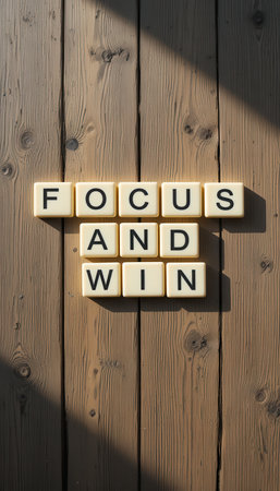 A motivational message displaying the words "Focus and Win" arranged on a rustic wooden surface, capturing the essence of success and determination.の素材