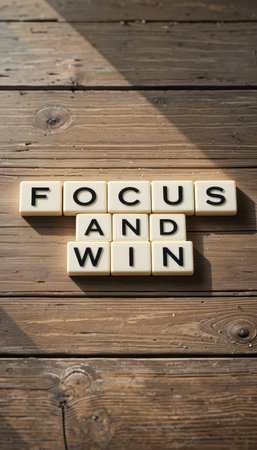 A powerful motivational message using letter tiles that inspire focus and a winning mindset. Perfect for themes of success and personal growth.の素材