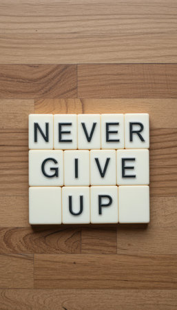 A creative arrangement of tiles spelling "Never Give Up" on a wooden background. This image conveys a powerful message of determination and positivity. Perfect for motivation and self-improvement themes.の素材