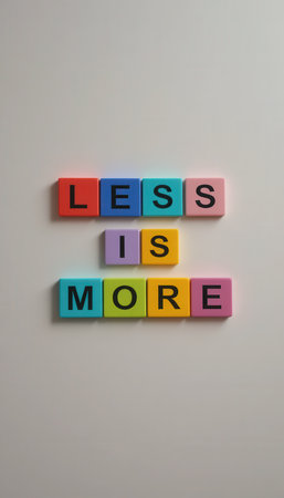 Colorful blocks spell out the phrase "Less Is More," symbolizing simplicity and motivation. Perfect for creative projects or inspirational decor.の素材
