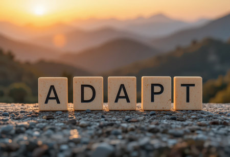 Captivating stone blocks spell "ADAPT" against a stunning sunrise backdrop. This image inspires change and resilience in natural beauty and tranquility.の素材