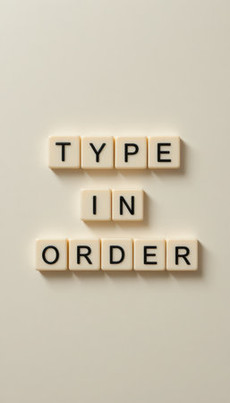 This image features neatly arranged letter tiles spelling "TYPE IN ORDER," ideal for themes of organization and communication. Perfect for educational or motivational content.の素材
