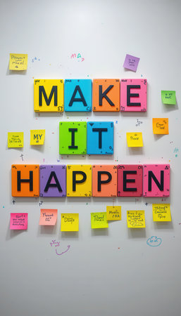 A vibrant display of sticky notes with motivational words designed to inspire creativity and productivity in any workspace. Perfect for office decor or personal reminders.の素材
