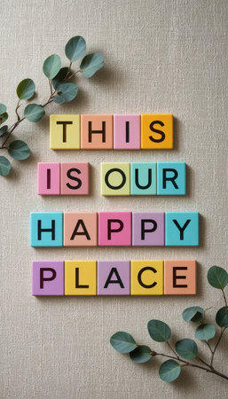 A vibrant arrangement of colorful letter blocks spelling out a joyful message surrounded by fresh leaves, perfect for inspiring a cheerful home atmosphere.の素材