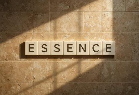 Discover the beauty of the word "Essence" showcased in a serene setting. Sunlight casts soft shadows on a textured wall, enhancing the minimalist vibe.の素材