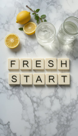 A refreshing concept image showcasing the words "Fresh Start" with lemon slices and glasses of water on a stylish marble surface, symbolizing health and renewal.の素材