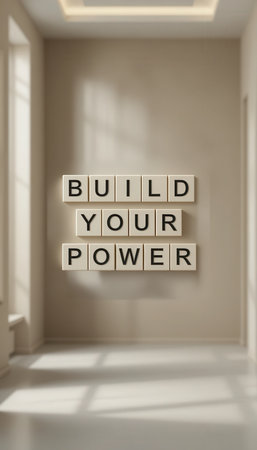 A serene interior featuring motivational text "Build Your Power" in a modern style, perfect for inspiring creativity and positivity in any space.の素材
