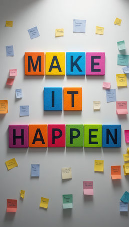 This vibrant wall art features a motivational message encouraging achievement. Colorful letters stand out against a backdrop of sticky notes, creating a dynamic visual that inspires creativity and focus.の素材