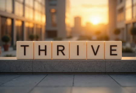 A captivating scene of the word "THRIVE" displayed in large letters against a warm sunset backdrop, symbolizing inspiration, growth, and success in business and life.の素材