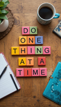 A cozy workspace featuring a motivating message "Do One Thing At A Time" amidst a cup of coffee and stationery. This composition inspires focus and productivity.の素材