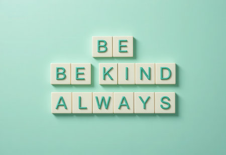 Delicate pastel tiles spell out "Be Kind Always," offering a gentle reminder of kindness. Ideal for promoting positivity and inspiration in various settings.の素材