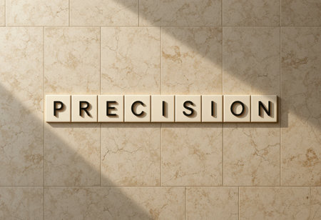 This image features the word "PRECISION" displayed with distinct letters on a stylish marble wall. The soft lighting creates a warm and inviting atmosphere, enhancing the overall elegance.の素材