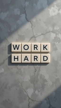A close-up view of acrylic tiles spelling "WORK HARD" on a textured surface, conveying a motivational message perfect for workspace or decor inspiration.の素材
