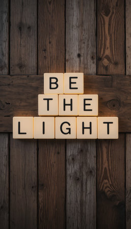 A creative display of lighted letters forming the phrase "Be the Light" against a rustic wooden backdrop, conveying a message of warmth and inspiration.の素材