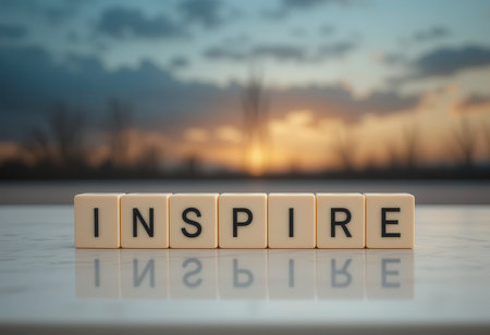 A serene image of the word "Inspire" displayed on wooden blocks, reflecting beautifully on a surface during a stunning sunset, evoking feelings of motivation and positivity.の素材