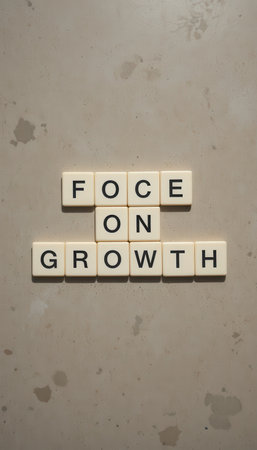 A simple yet impactful visual of the phrase "Focus on Growth" arranged with letter tiles on a textured concrete background, ideal for conveying motivation and inspiration.の素材