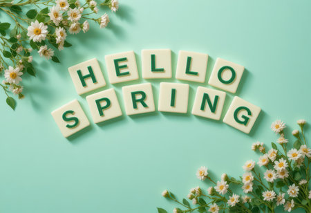 A cheerful spring-themed composition featuring letter tiles spelling "Hello Spring" surrounded by fresh flowers. Perfect for seasonal greetings and joyful designs.の素材