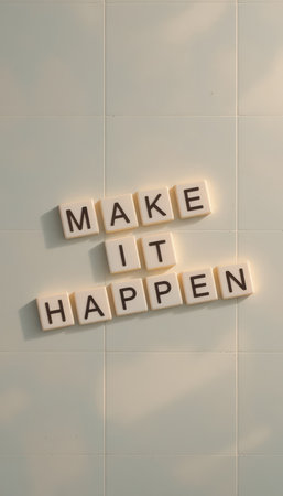 A creative display of letter tiles spelling "MAKE IT HAPPEN" that offers motivation and inspiration. This simple yet impactful design works well for personal or professional spaces.の素材