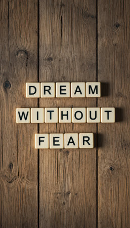 A striking visual featuring wooden blocks arranged to convey the inspirational message "Dream Without Fear." Ideal for themes of motivation and positivity.の素材