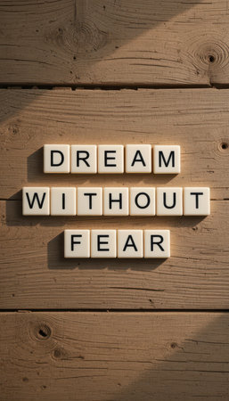 A captivating arrangement of tiles spelling "Dream Without Fear" on a rustic wooden surface, inviting viewers to embrace courage and positivity in their lives.の素材