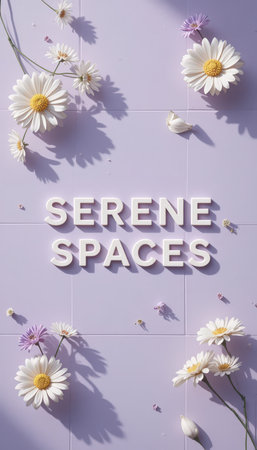 A tranquil arrangement of daisies and soft lavender tones creates a serene space ideal for relaxation and peaceful vibes, perfect for various design projects.の素材